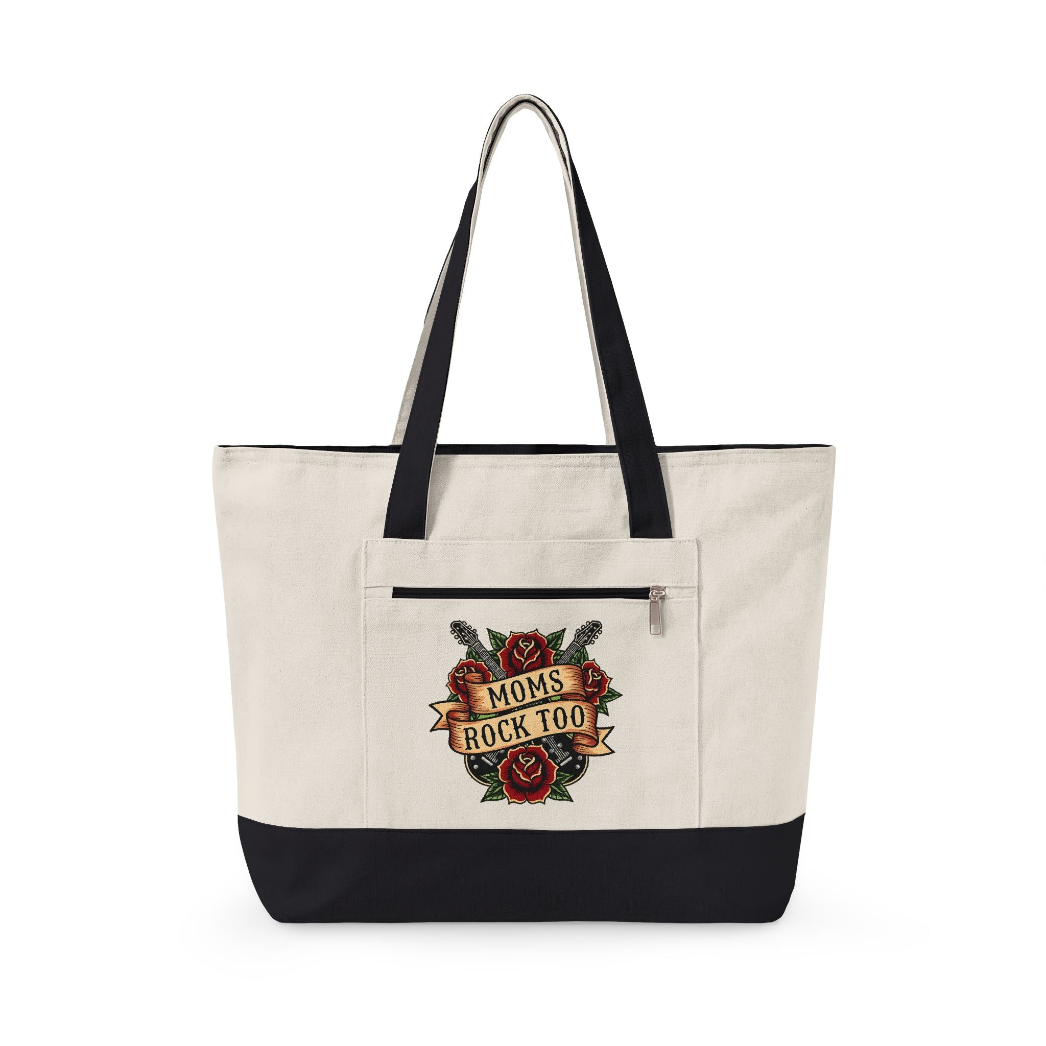 Mom Rocks Tote Bag — Zippered Canvas Shopper with Retro Tattoo Roses