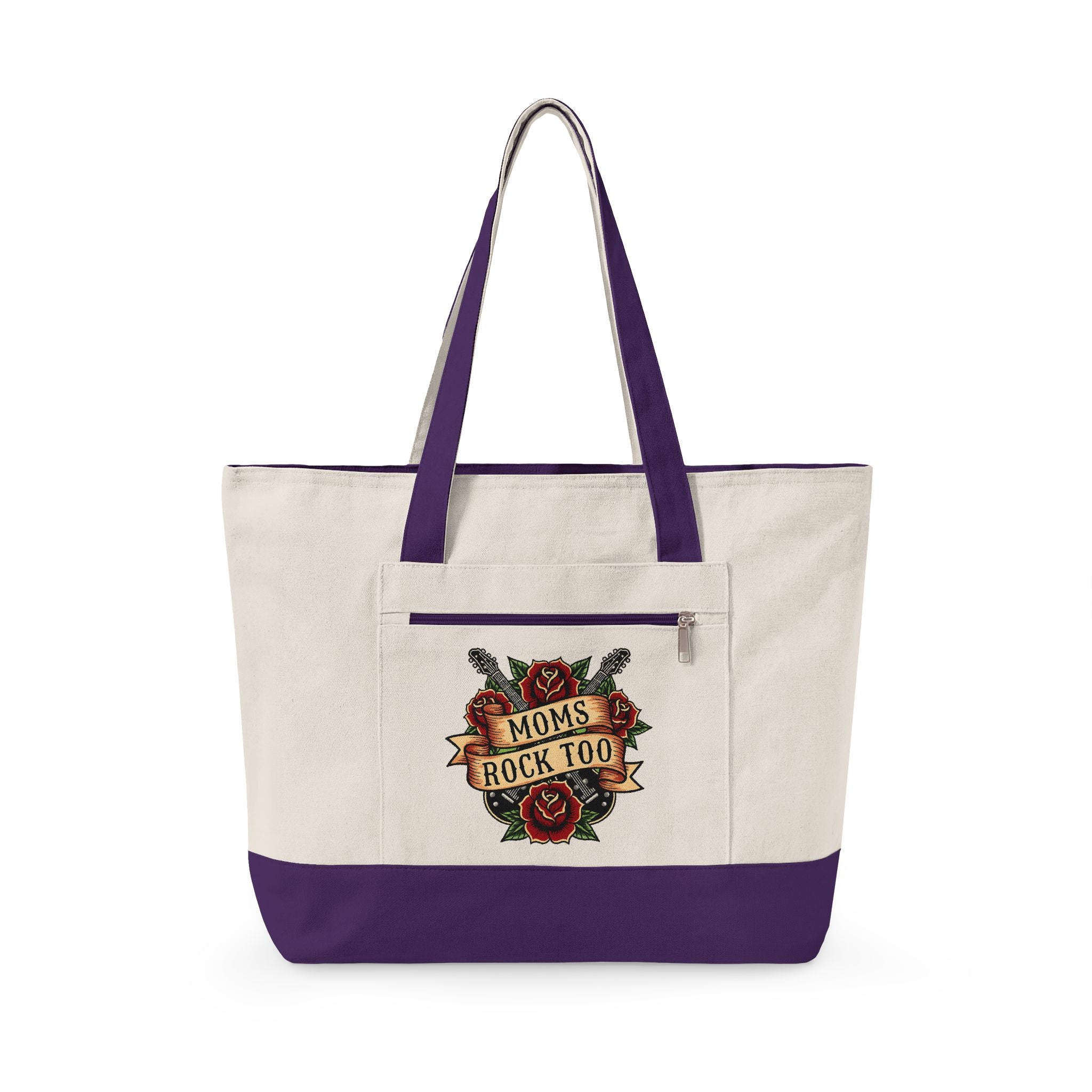 Canvas Tote Bag – "Moms Rock Too" Floral Tattoo Design, Zippered Everyday Tote