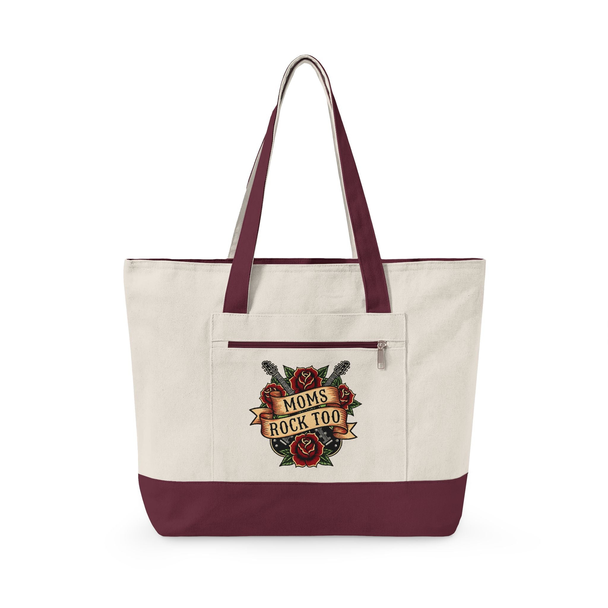Mom Rocks Tote Bag — Zippered Canvas Shopper with Retro Tattoo Roses