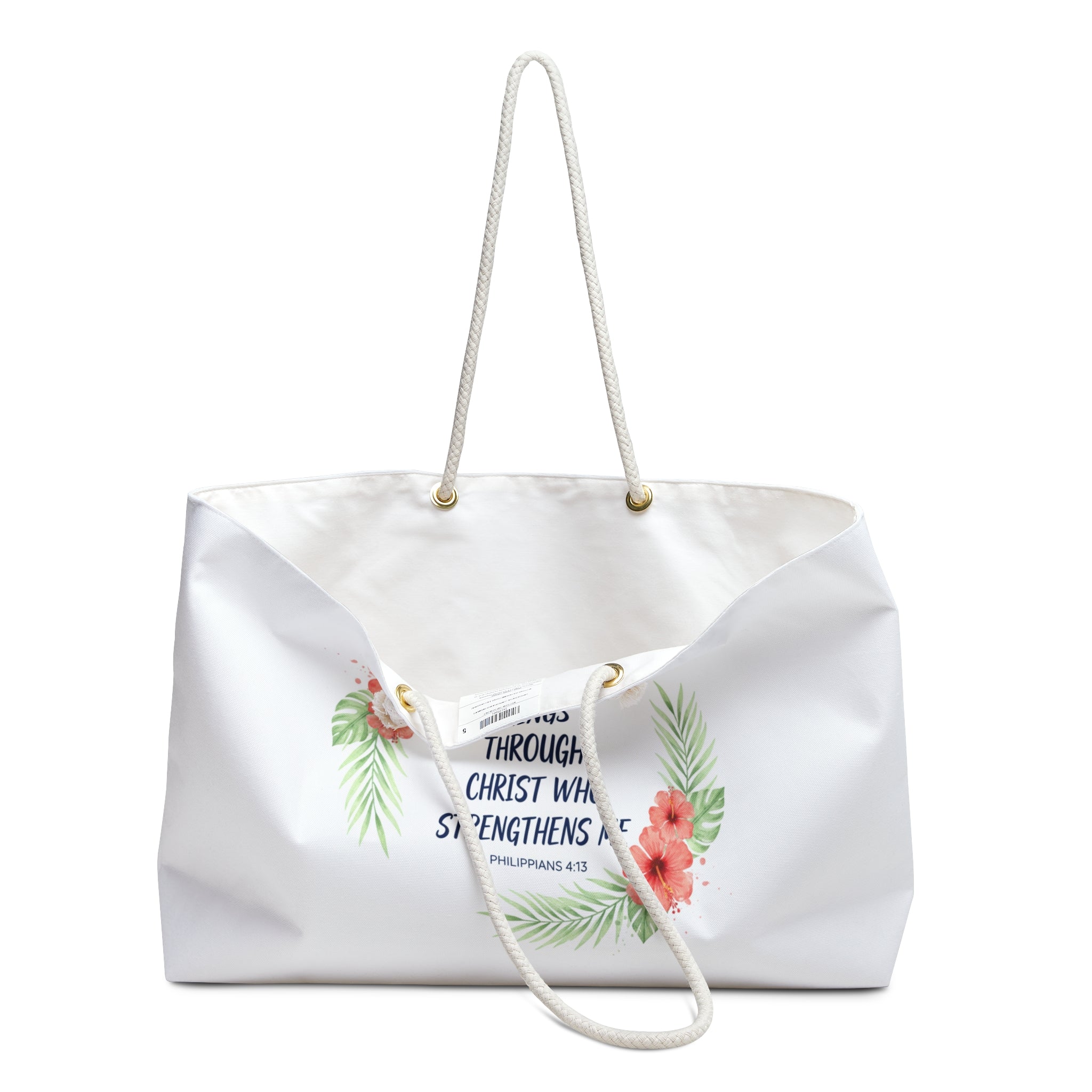 I Can Do All Things Scripture Quote Weekender Bag | Floral Palm Wreath