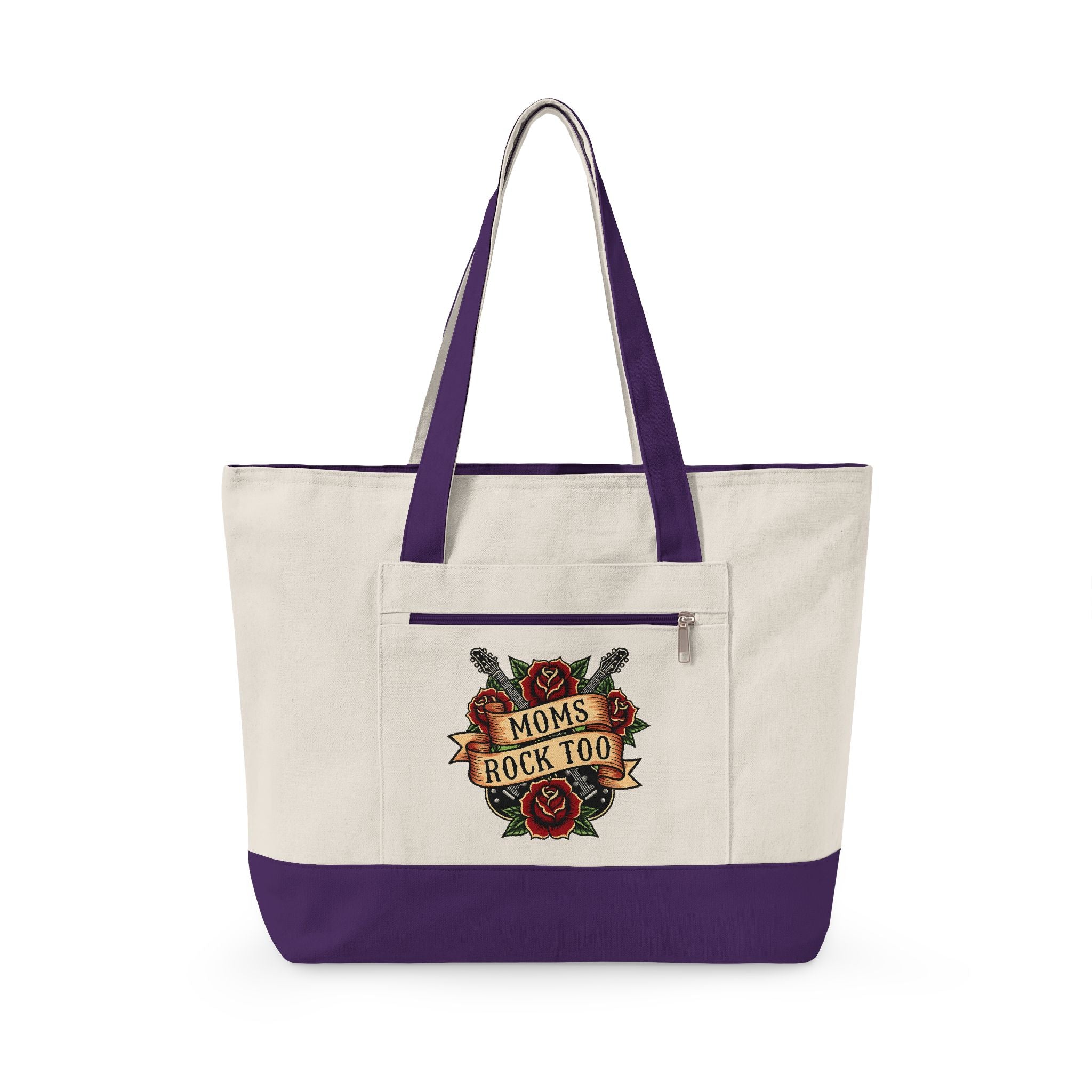 Mom Rocks Tote Bag — Zippered Canvas Shopper with Retro Tattoo Roses