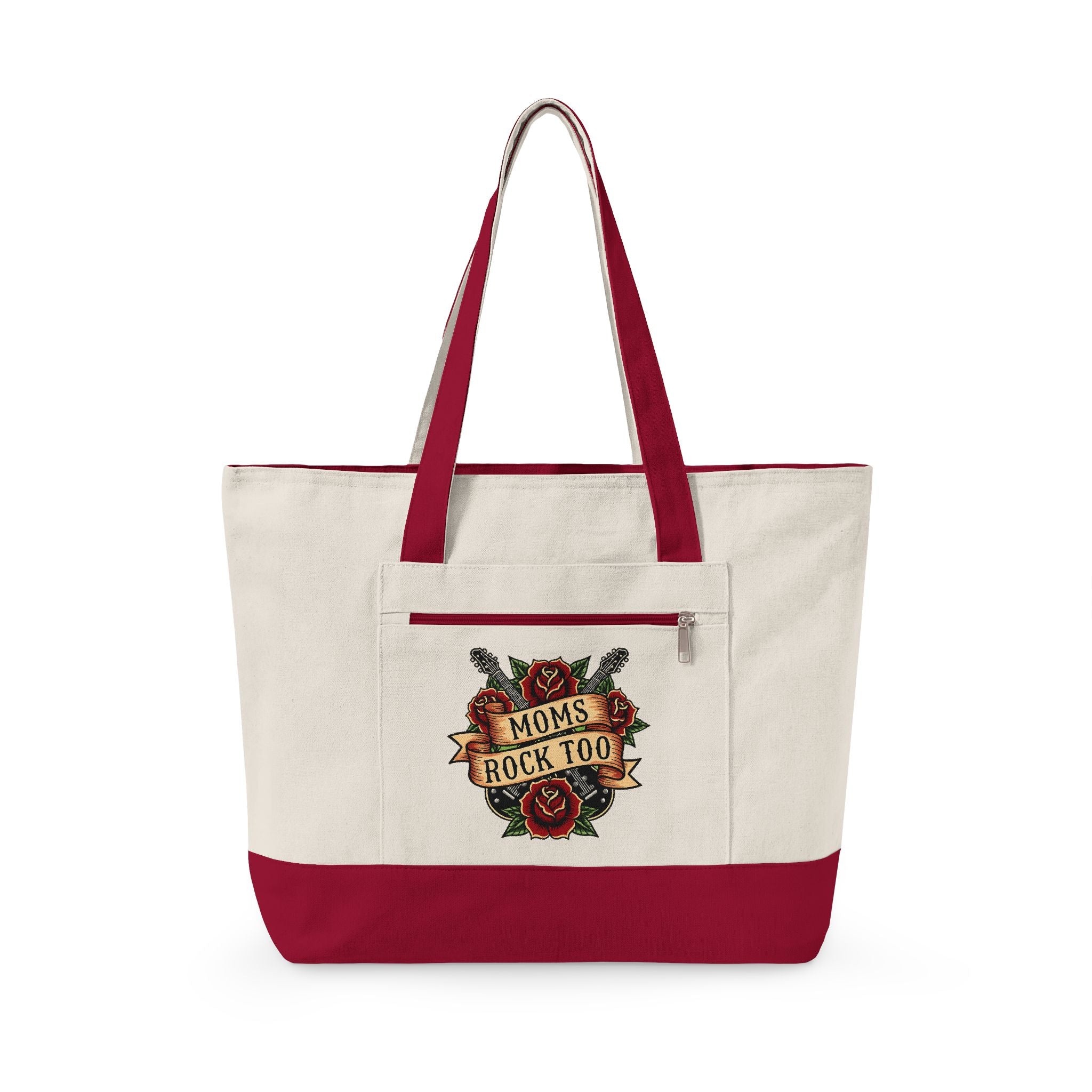 Mom Rocks Tote Bag — Zippered Canvas Shopper with Retro Tattoo Roses