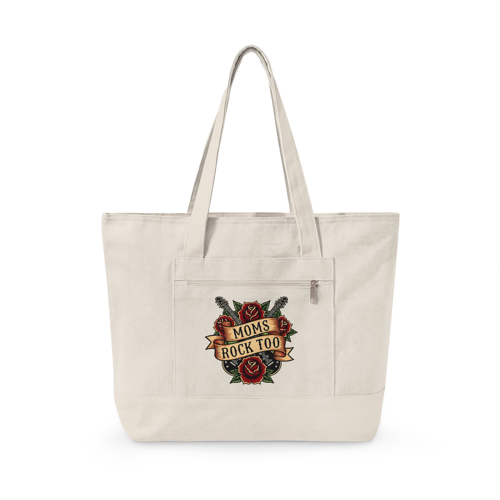 Mom Rocks Tote Bag — Zippered Canvas Shopper with Retro Tattoo Roses