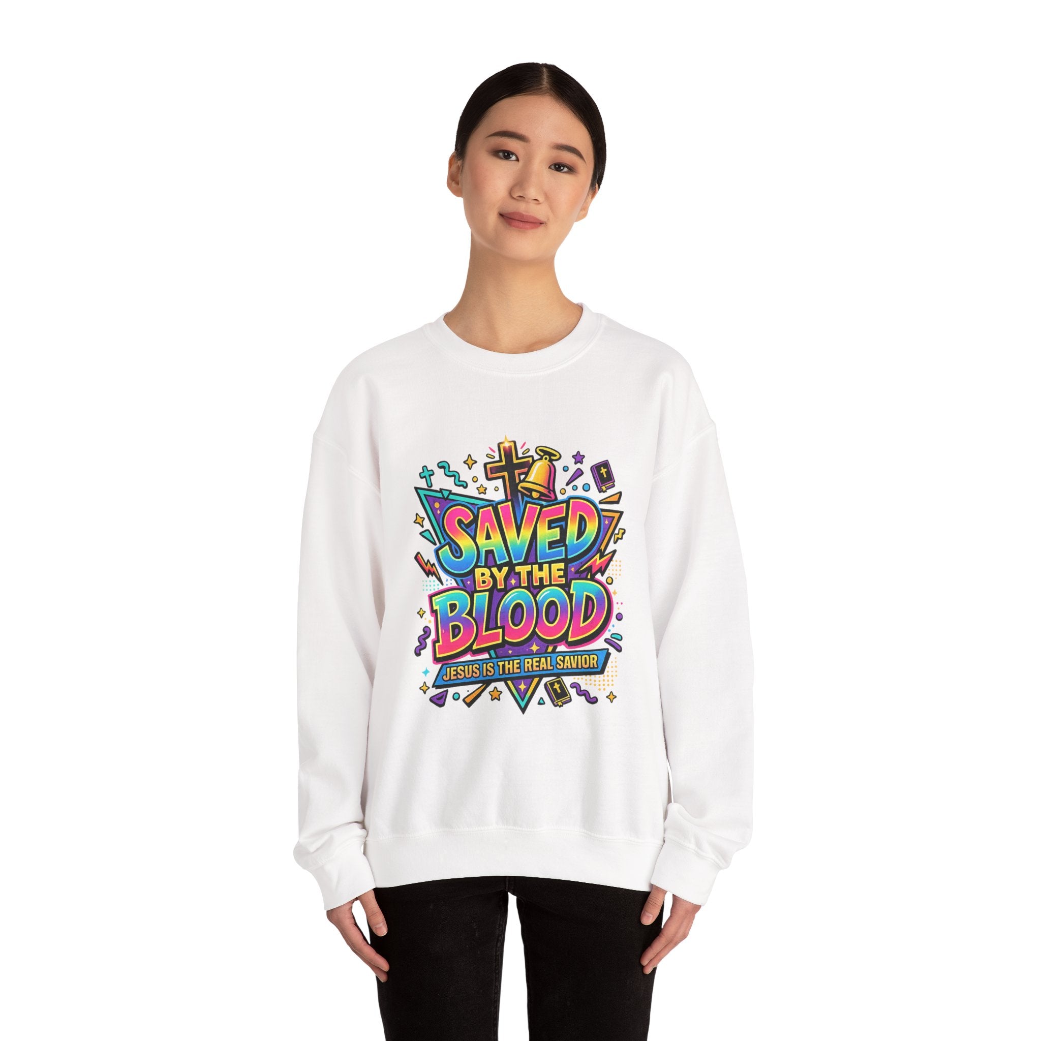 Saved by the Blood Christian Unisex Heavy Blend Crewneck Sweatshirt | Faith-Based Christian Apparel | Bible Verse Inspired Hoodie Style Pullover