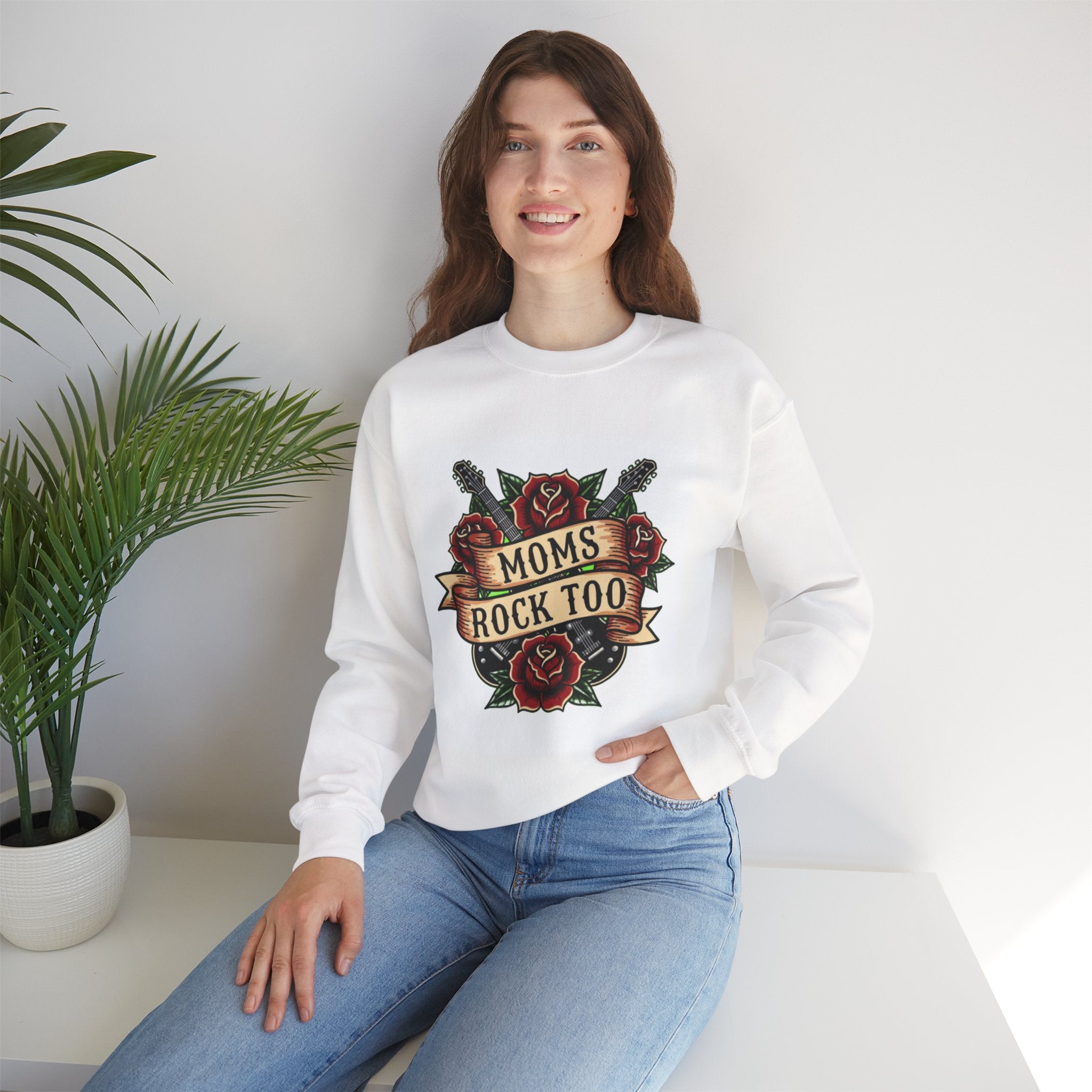 Moms Rock Too Sweatshirt | Rose and Guitar Tattoo Style Crewneck