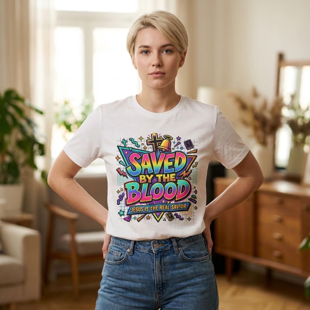 Saved by the Blood T-Shirt — Colorful Christian Faith Tee (Jesus Is the Real Savior)