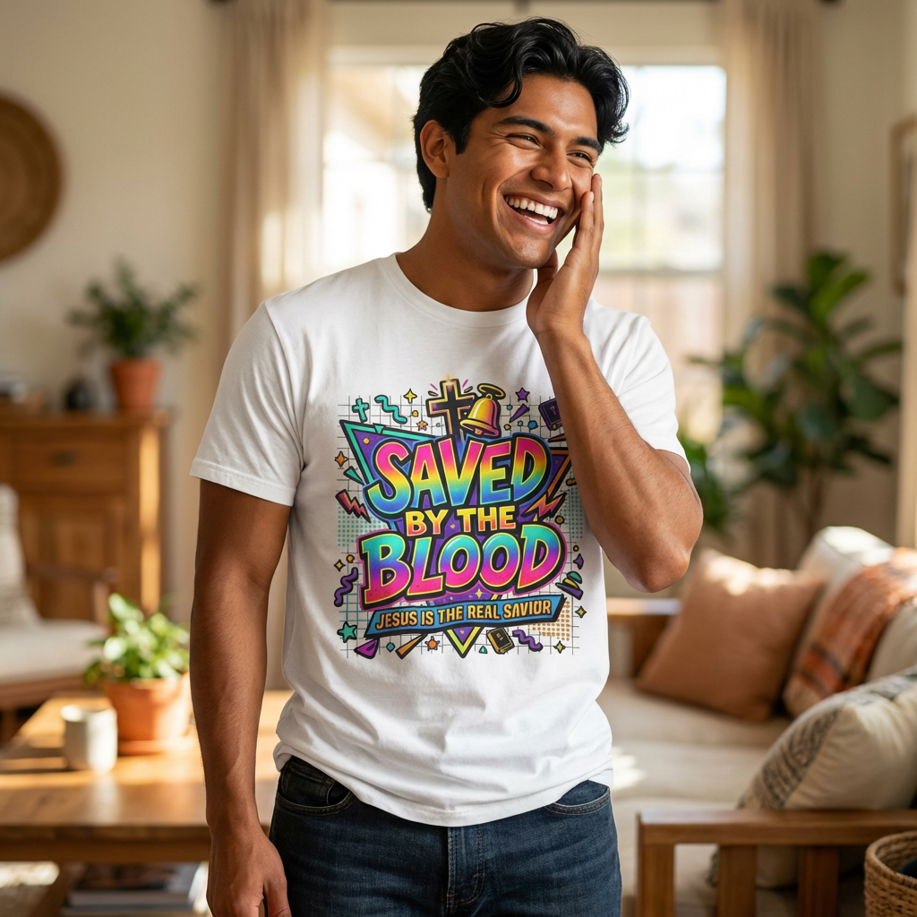 Saved by the Blood T-Shirt — Colorful Christian Faith Tee (Jesus Is the Real Savior)