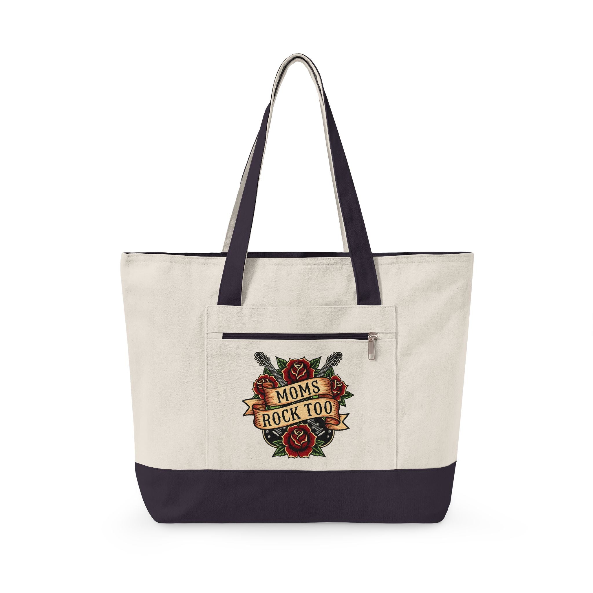 Canvas Tote Bag – "Moms Rock Too" Floral Tattoo Design, Zippered Everyday Tote