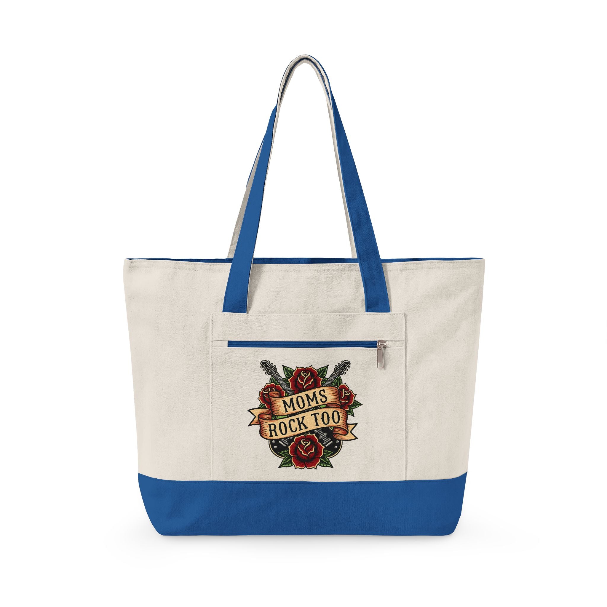 Canvas Tote Bag – "Moms Rock Too" Floral Tattoo Design, Zippered Everyday Tote