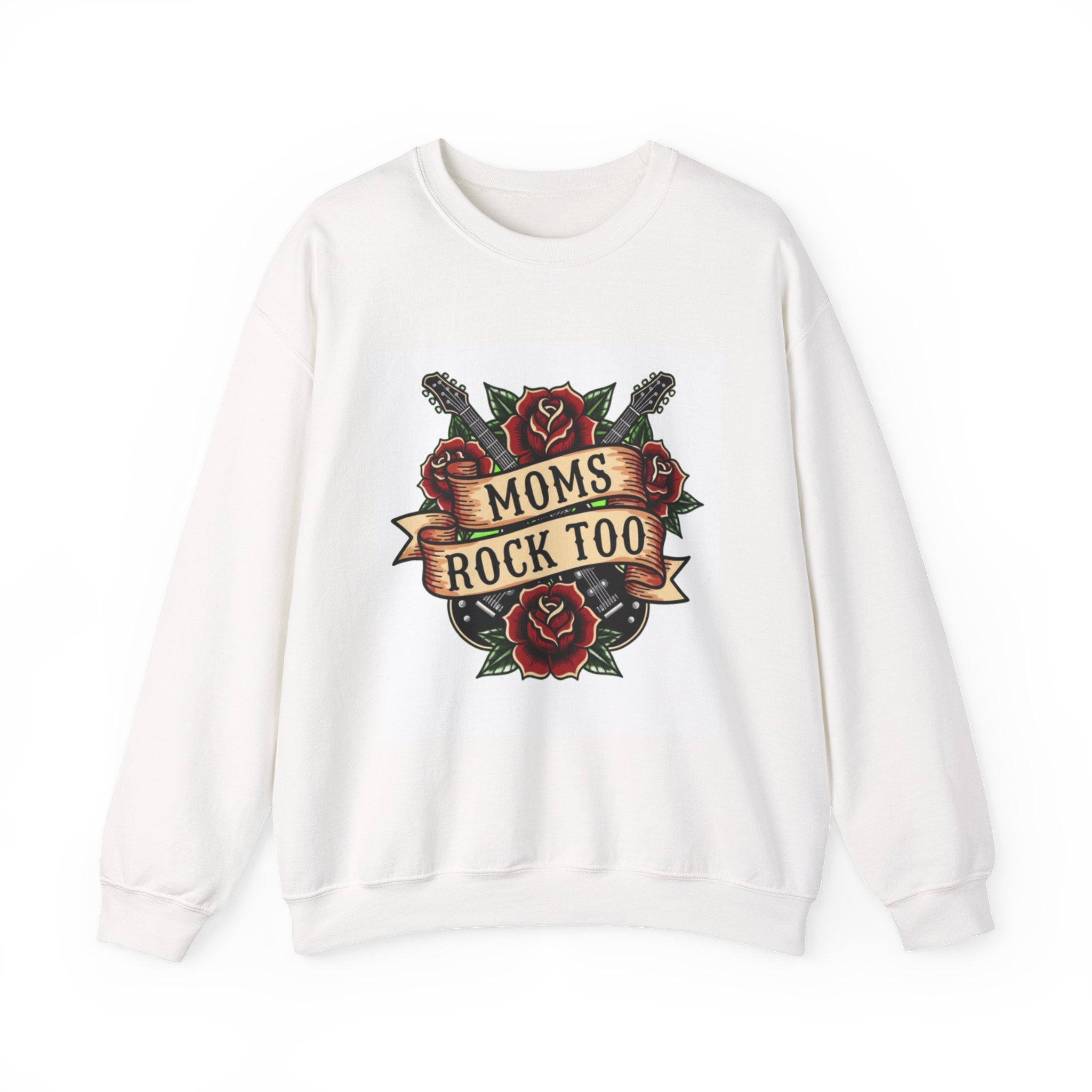 Moms Rock Too Sweatshirt | Rose and Guitar Tattoo Style Crewneck