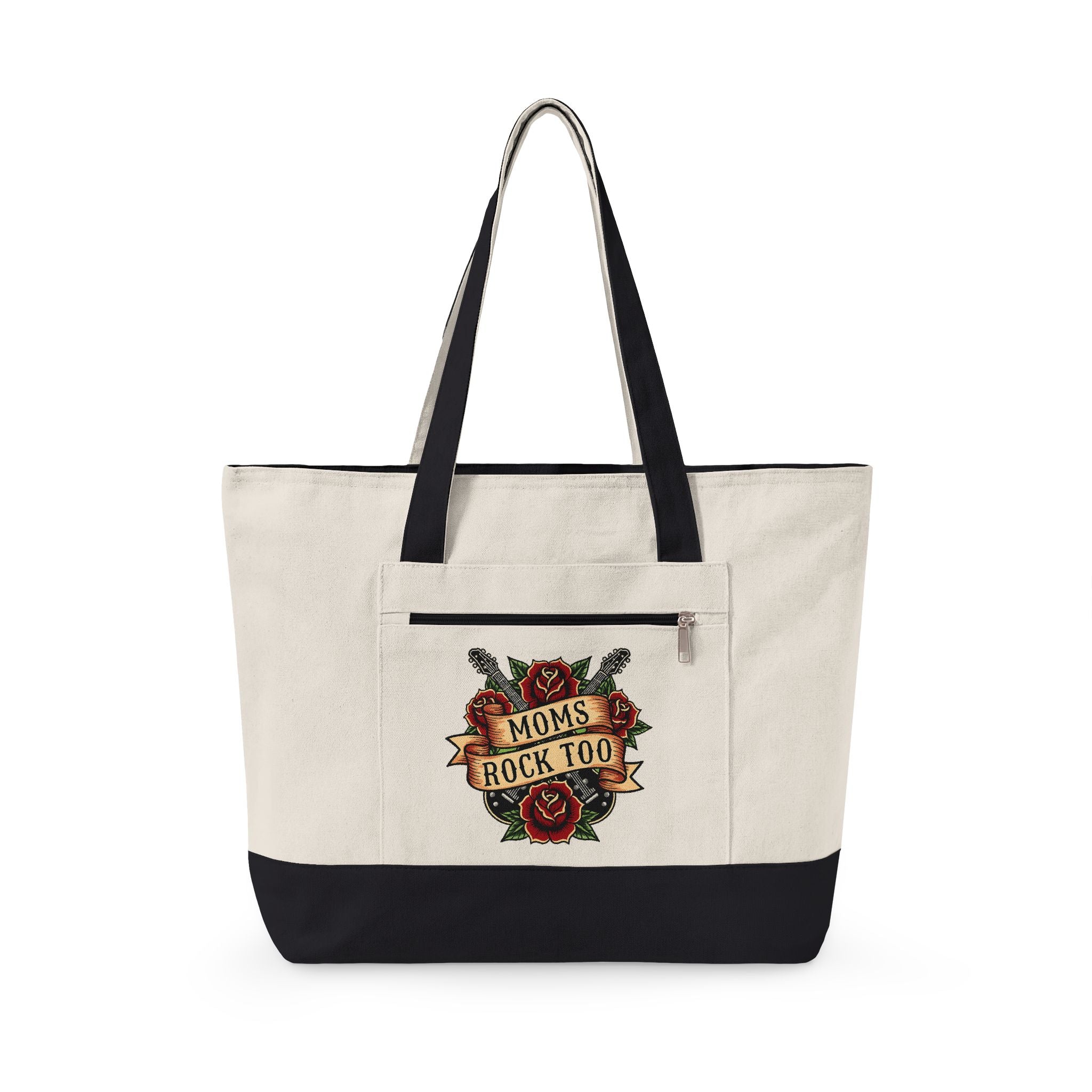 Canvas Tote Bag – "Moms Rock Too" Floral Tattoo Design, Zippered Everyday Tote