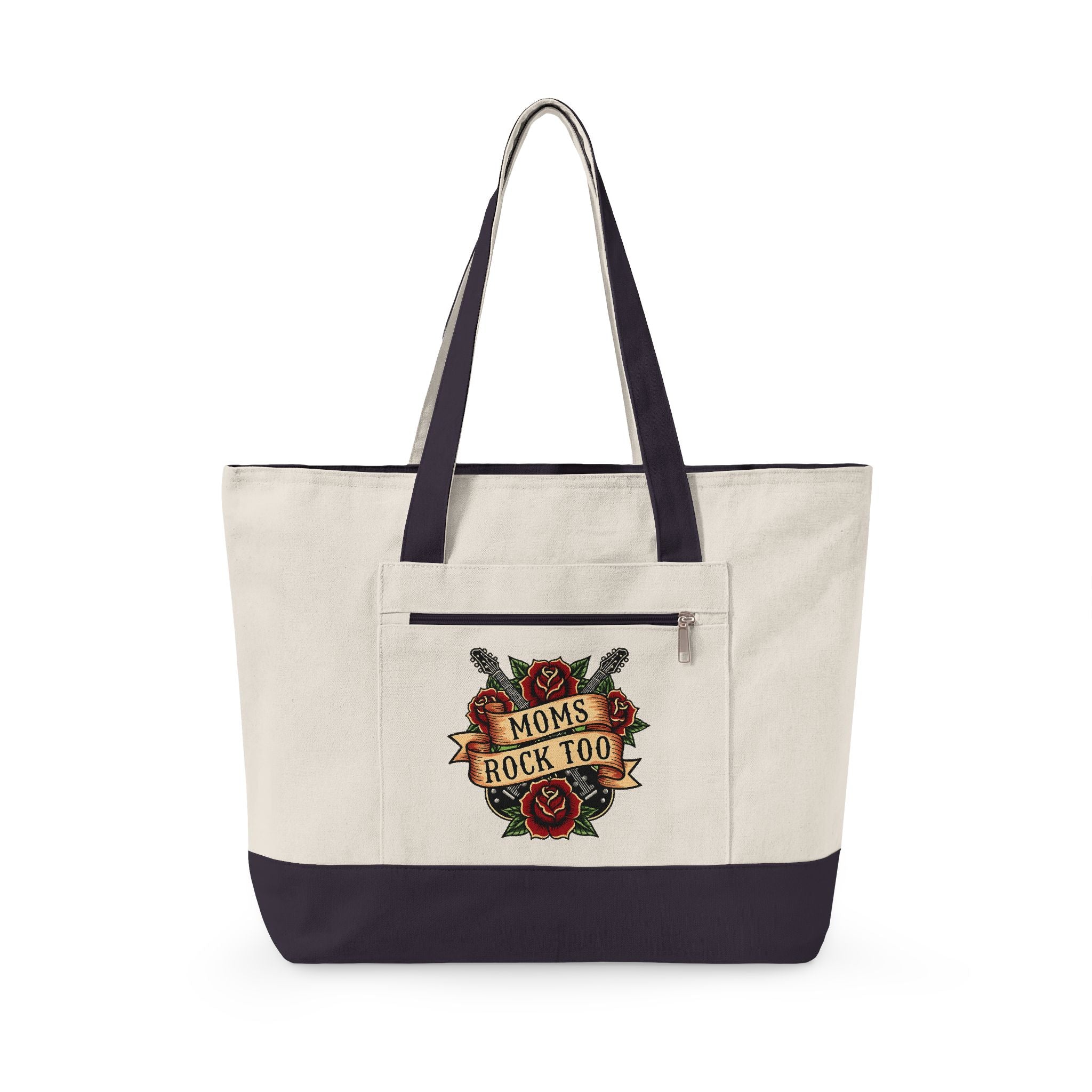 Mom Rocks Tote Bag — Zippered Canvas Shopper with Retro Tattoo Roses