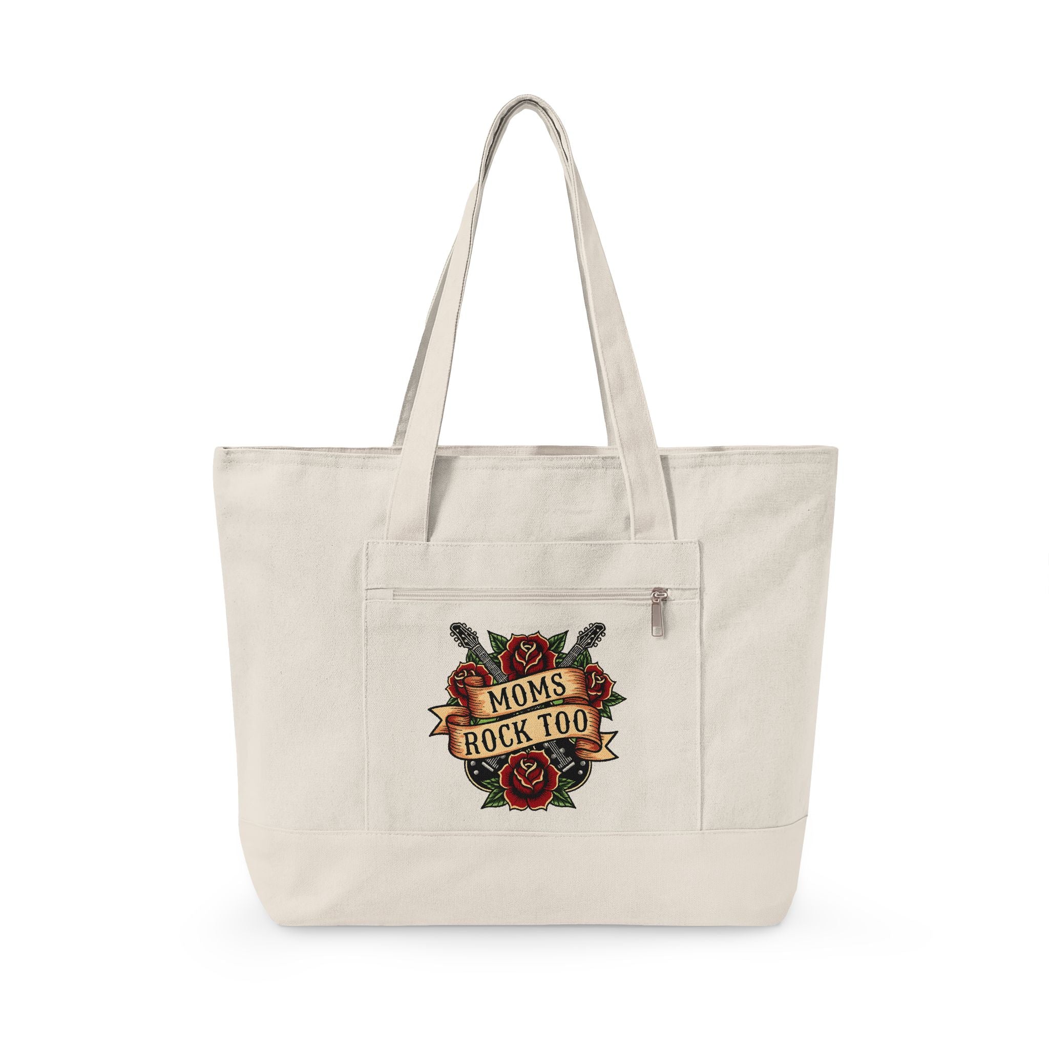 Canvas Tote Bag – "Moms Rock Too" Floral Tattoo Design, Zippered Everyday Tote