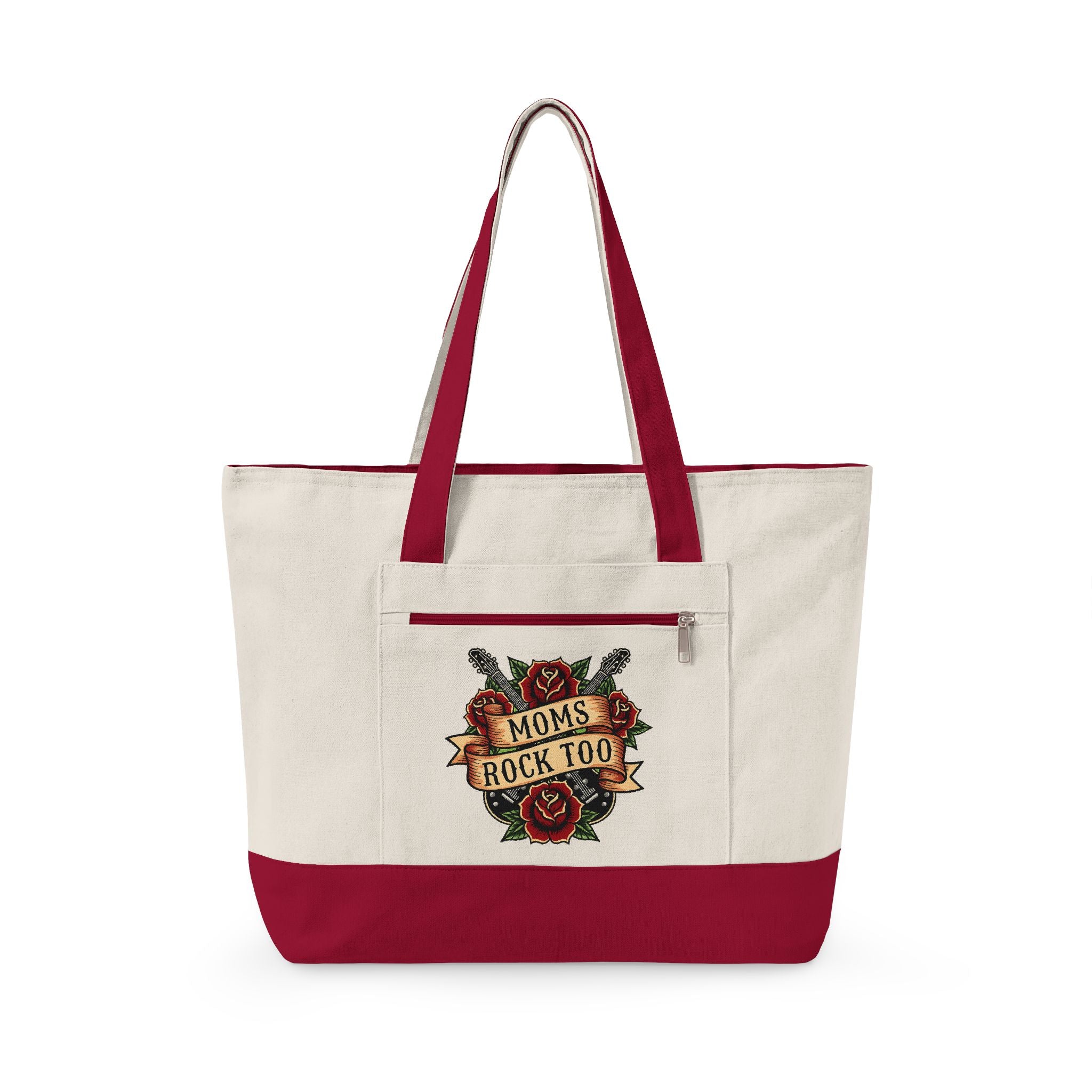 Canvas Tote Bag – "Moms Rock Too" Floral Tattoo Design, Zippered Everyday Tote