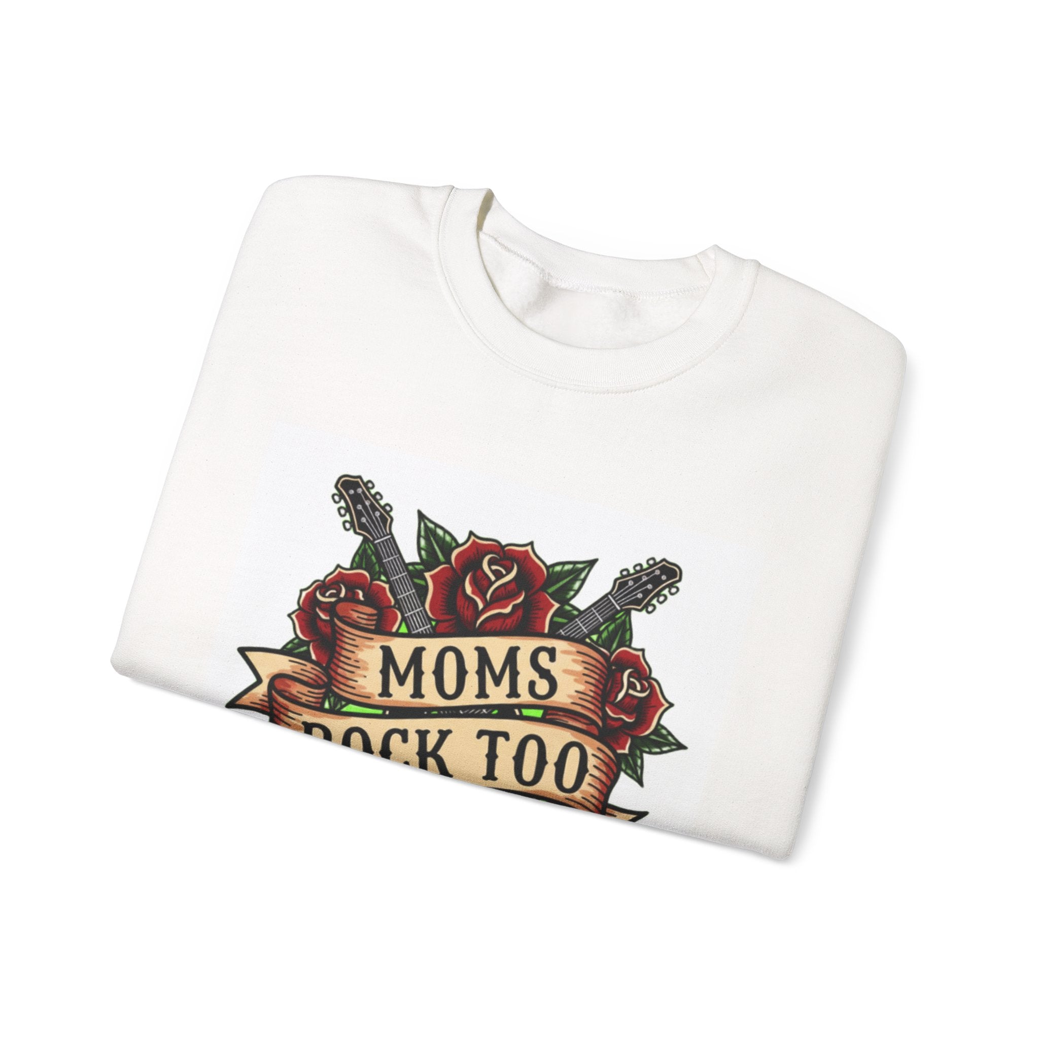 Moms Rock Too Sweatshirt | Rose and Guitar Tattoo Style Crewneck