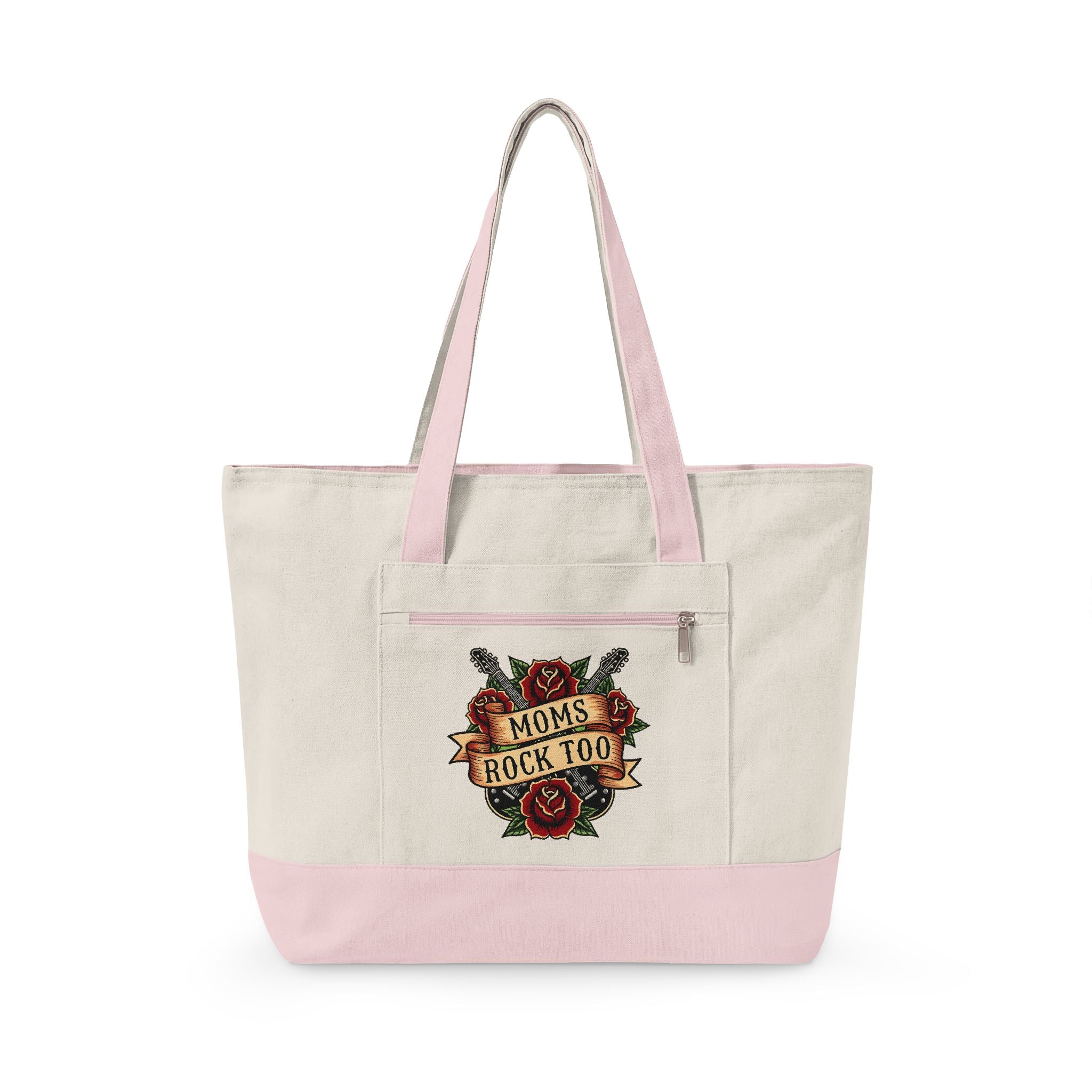 Mom Rocks Tote Bag — Zippered Canvas Shopper with Retro Tattoo Roses