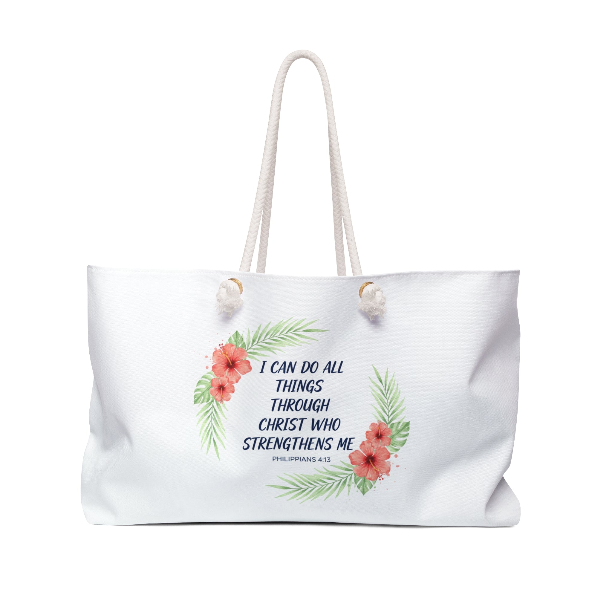 I Can Do All Things Scripture Quote Weekender Bag | Floral Palm Wreath