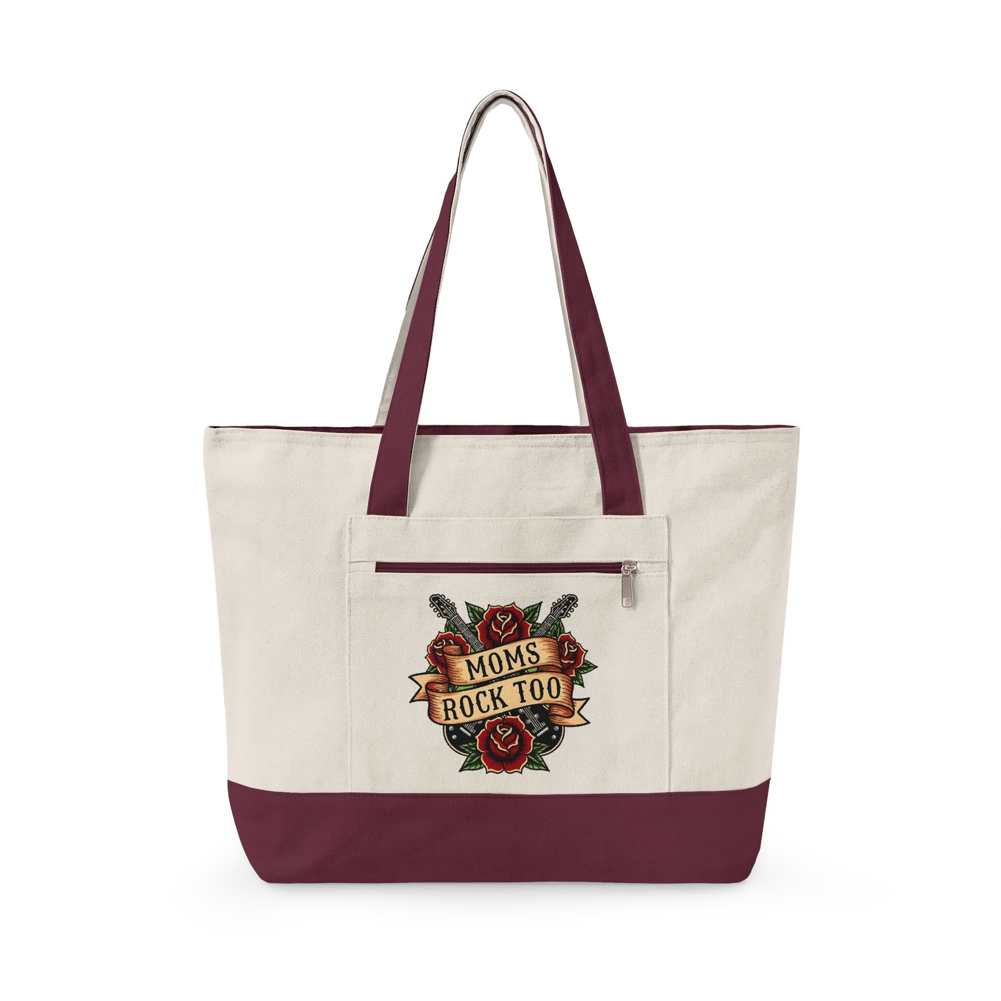 Canvas Tote Bag – "Moms Rock Too" Floral Tattoo Design, Zippered Everyday Tote