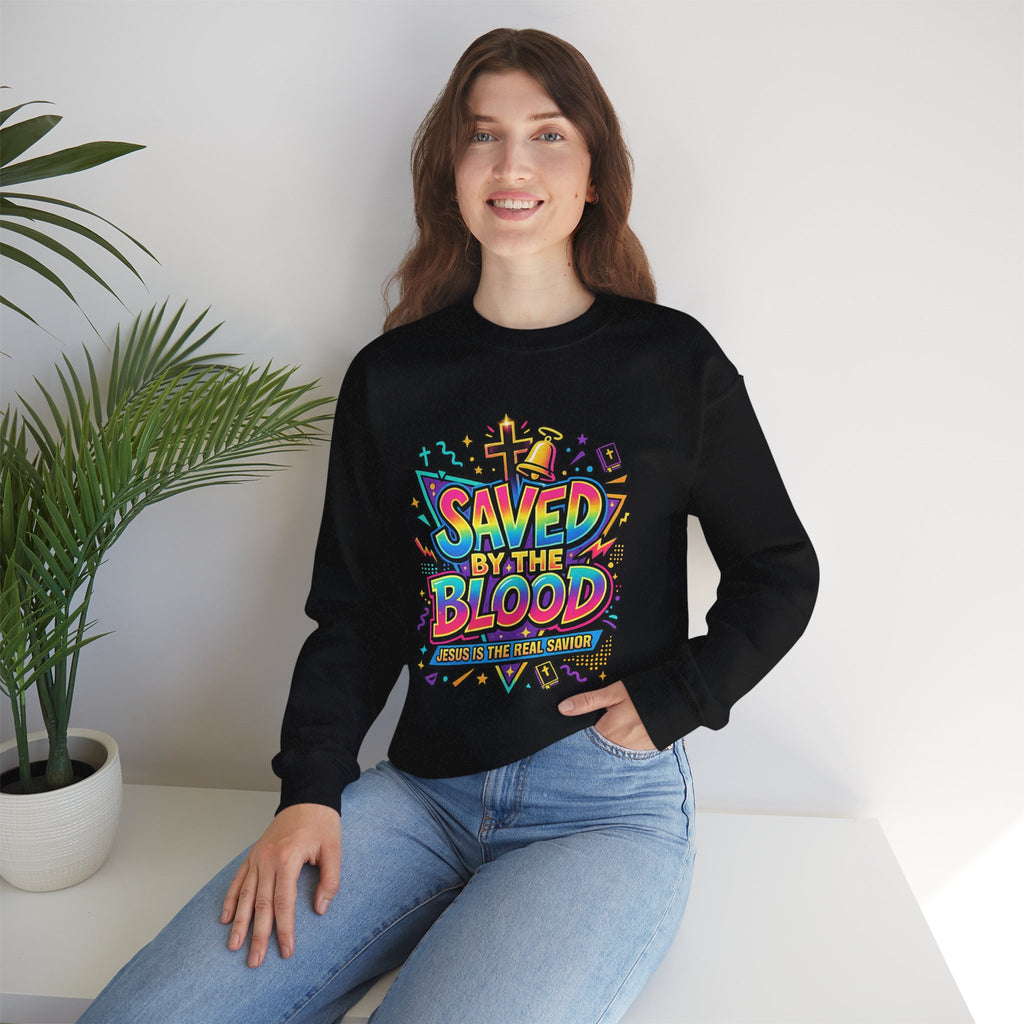 Saved by the Blood Christian Unisex Heavy Blend Crewneck Sweatshirt | Faith-Based Christian Apparel | Bible Verse Inspired Hoodie Style Pullover